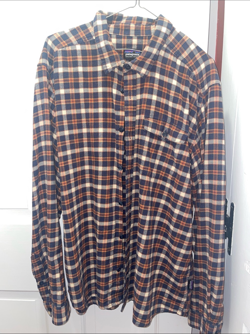 Patagonia Navy, Orange & Cream Plaid Button-Down Shirt Size L